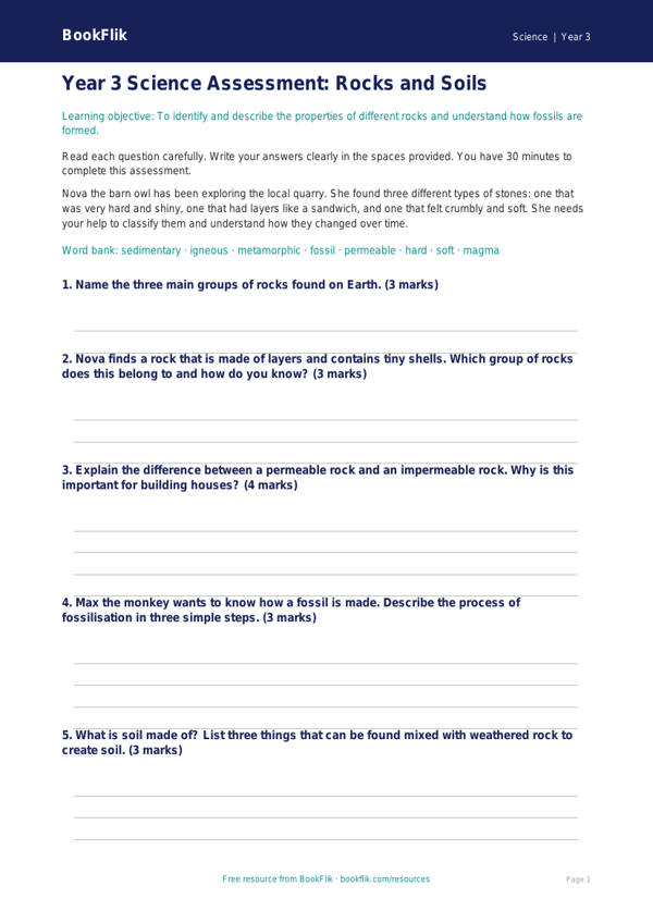 Free Rocks Assessment | Year 3 Core | BookFlik worksheet preview — Science Rocks