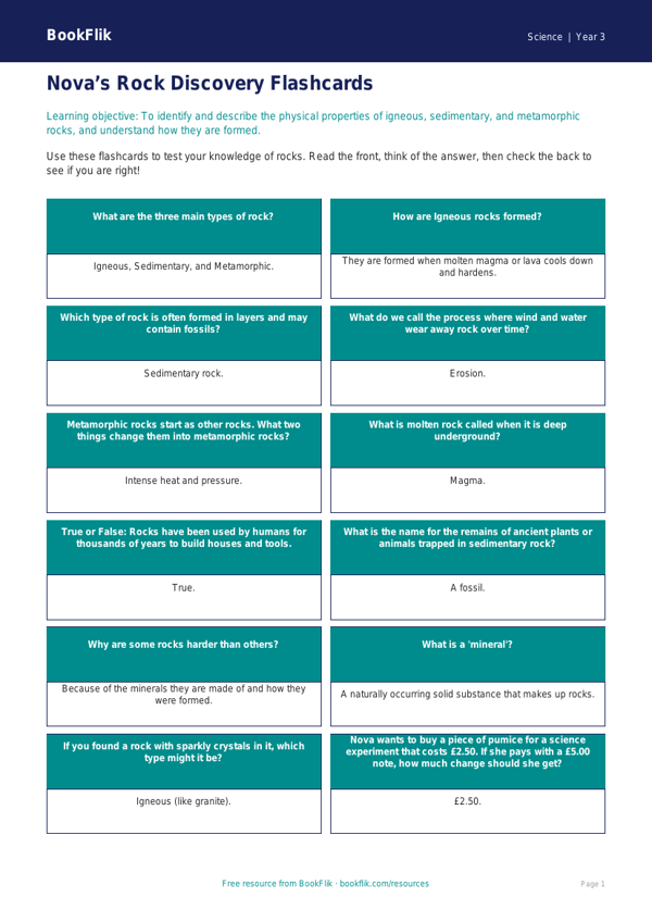 Free Rocks Flashcards | Year 3 Core | BookFlik worksheet preview — Science Rocks