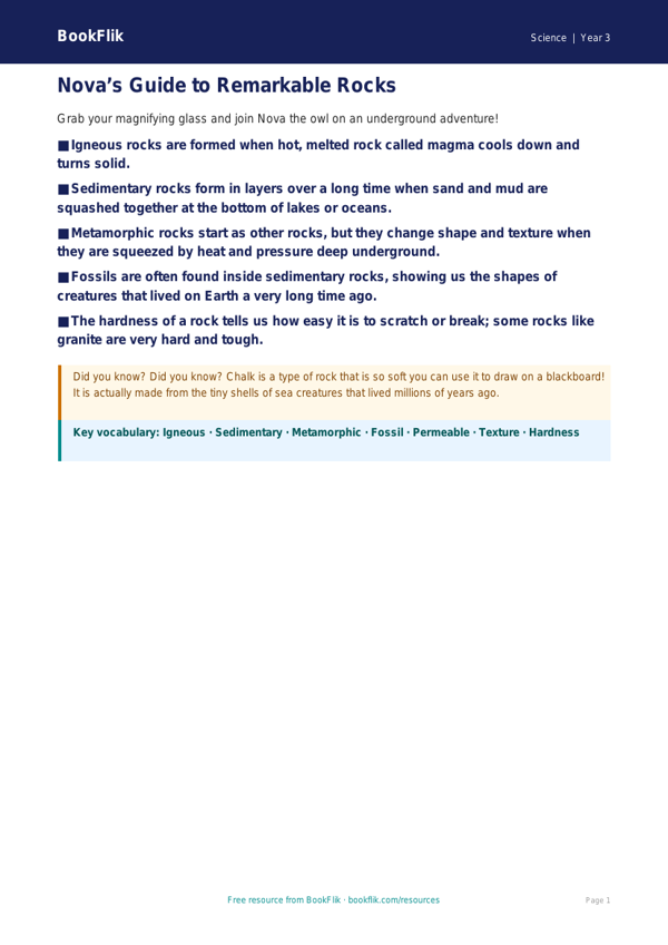 Free Rocks Poster | Year 3 Core | BookFlik worksheet preview — Science Rocks