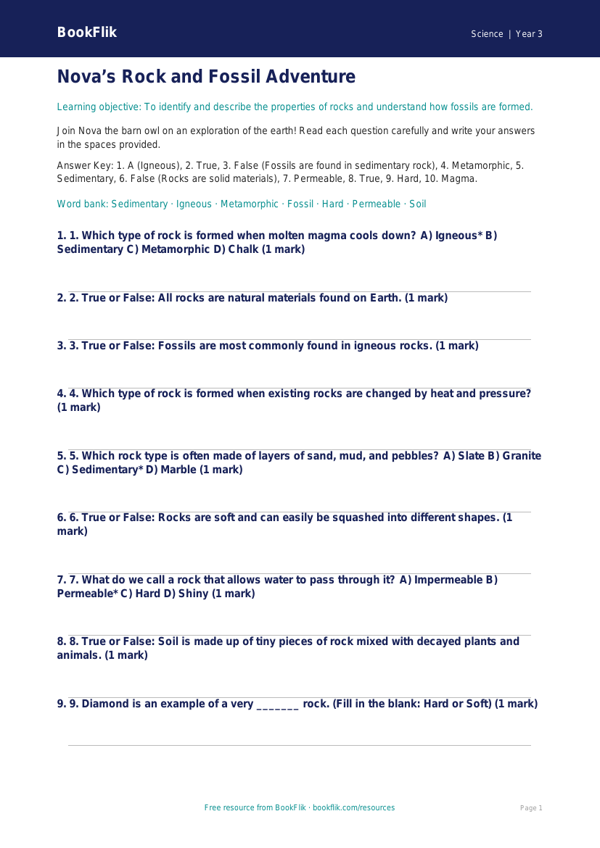 Free Rocks Quiz | Year 3 Core | BookFlik worksheet preview — Science Rocks