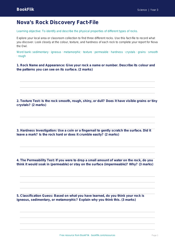 Free Rocks Template | Year 3 Core | BookFlik worksheet preview — Science Rocks