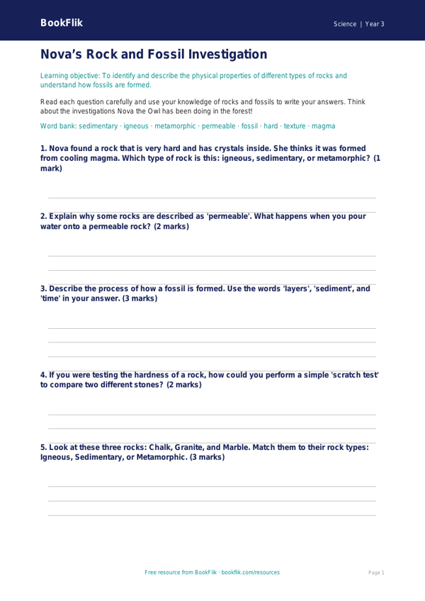 Free Rocks Worksheet | Year 3 Core | BookFlik worksheet preview — Science Rocks