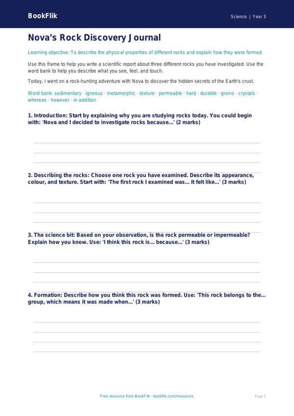 Free Rocks Writing Frame | Year 3 Core | BookFlik worksheet preview — Science Rocks