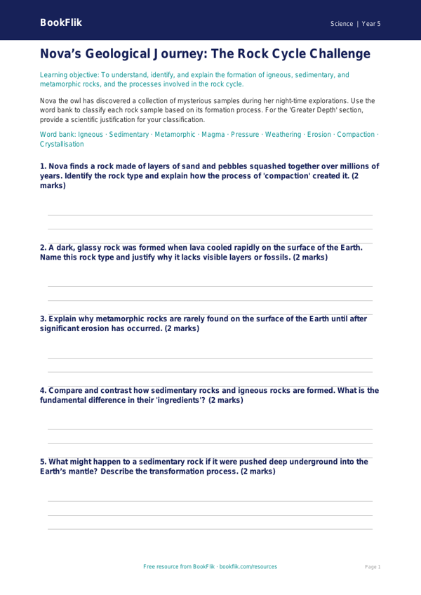 Free Rocks Activity Sheet | Year 5 Greater Depth | BookFlik worksheet preview — Science Rocks