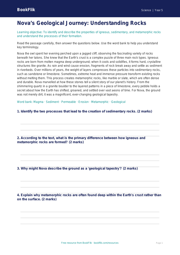 Free Rocks Comprehension | Year 5 Greater Depth | BookFlik worksheet preview — Science Rocks
