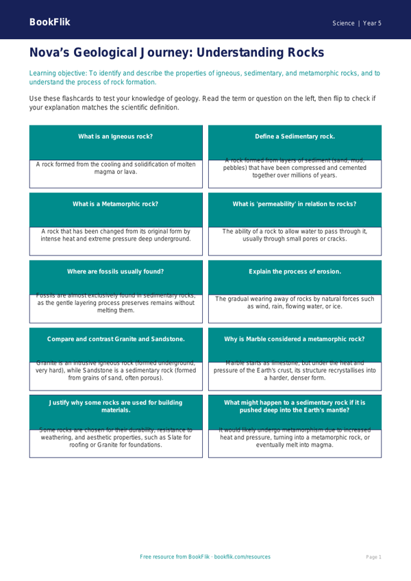 Free Rocks Flashcards | Year 5 Greater Depth | BookFlik worksheet preview — Science Rocks
