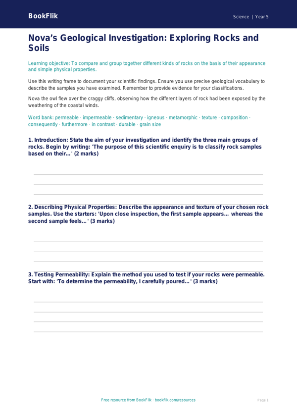 Free Rocks Writing Frame | Year 5 Greater Depth | BookFlik worksheet preview — Science Rocks