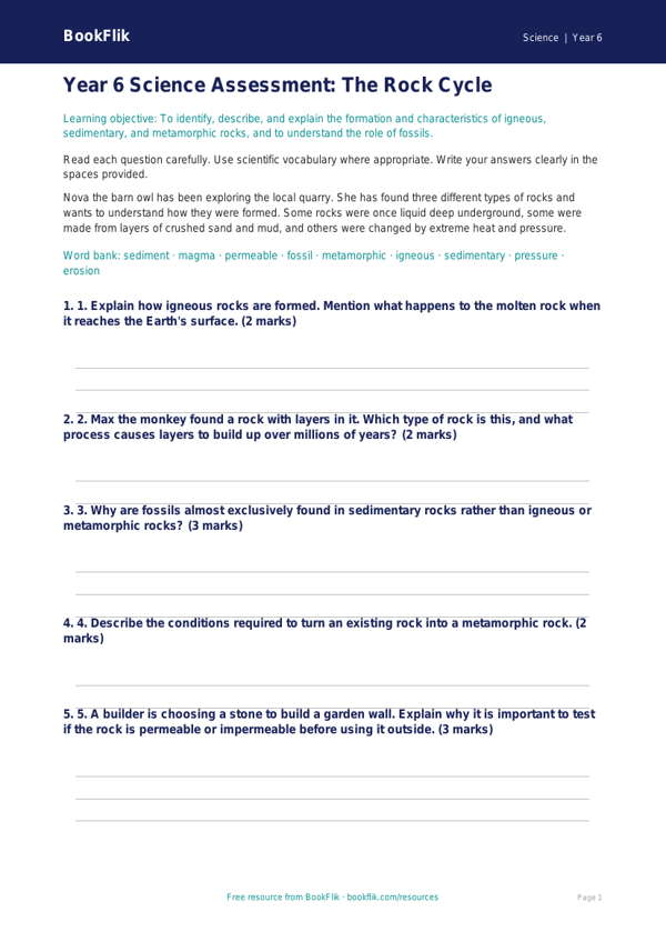 Free Rocks Assessment | Year 6 Core | BookFlik worksheet preview — Science Rocks