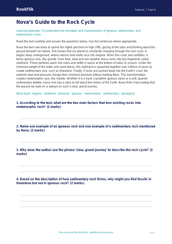 Free Rocks Comprehension Worksheet | Year 6 Science | BookFlik worksheet preview — Science Rocks