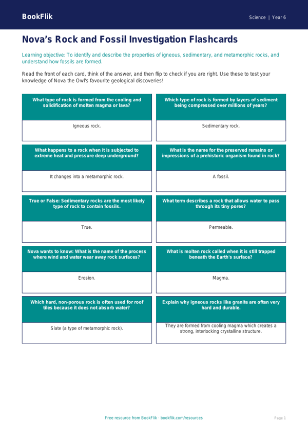 Free Rocks Flashcards | Year 6 Science Resources | BookFlik worksheet preview — Science Rocks