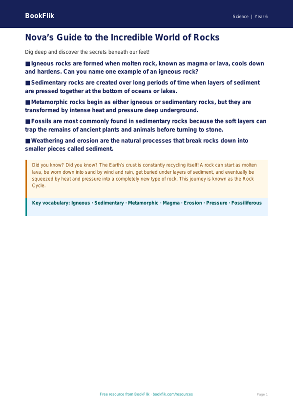 Free Rocks and Fossils Worksheet | Year 6 Science | BookFlik worksheet preview — Science Rocks