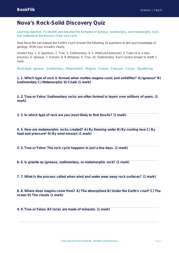 Free Rocks Quiz | Year 6 Core | BookFlik worksheet preview — Science Rocks