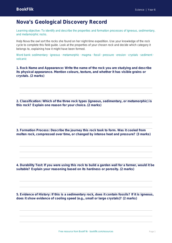 Free Rocks and Fossils Worksheet | Year 6 Science | BookFlik worksheet preview — Science Rocks
