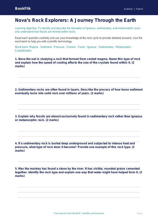 Free Rocks Worksheet | Year 6 Core | BookFlik worksheet preview — Science Rocks