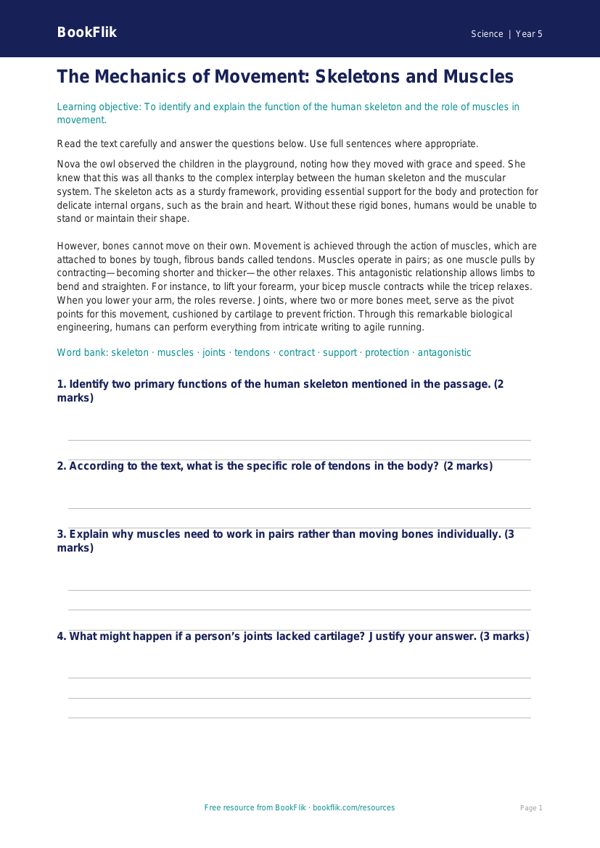 Free Skeleton And Muscles Comprehension | Year 5 Greater Depth | BookFlik worksheet preview — Science Skeleton And Muscles