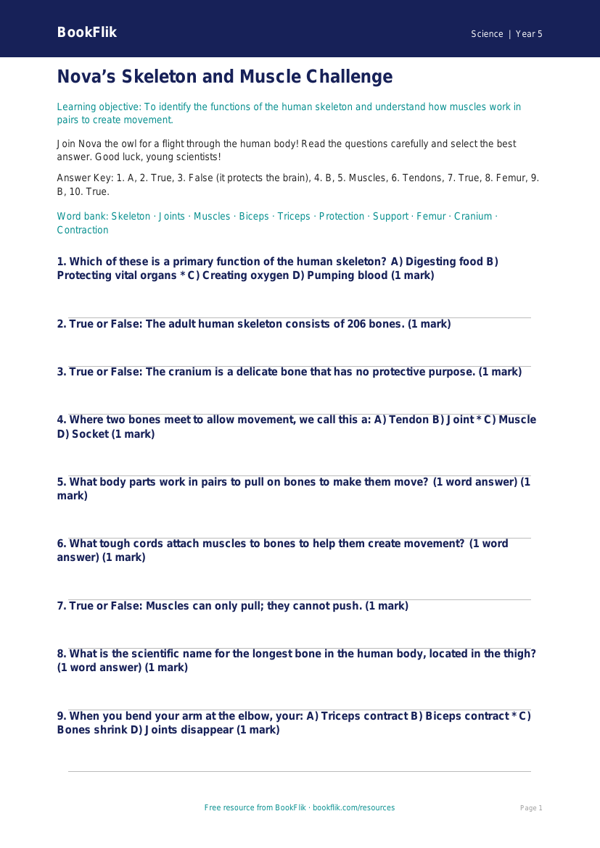Free Skeleton And Muscles Quiz | Year 5 Greater Depth | BookFlik worksheet preview — Science Skeleton And Muscles