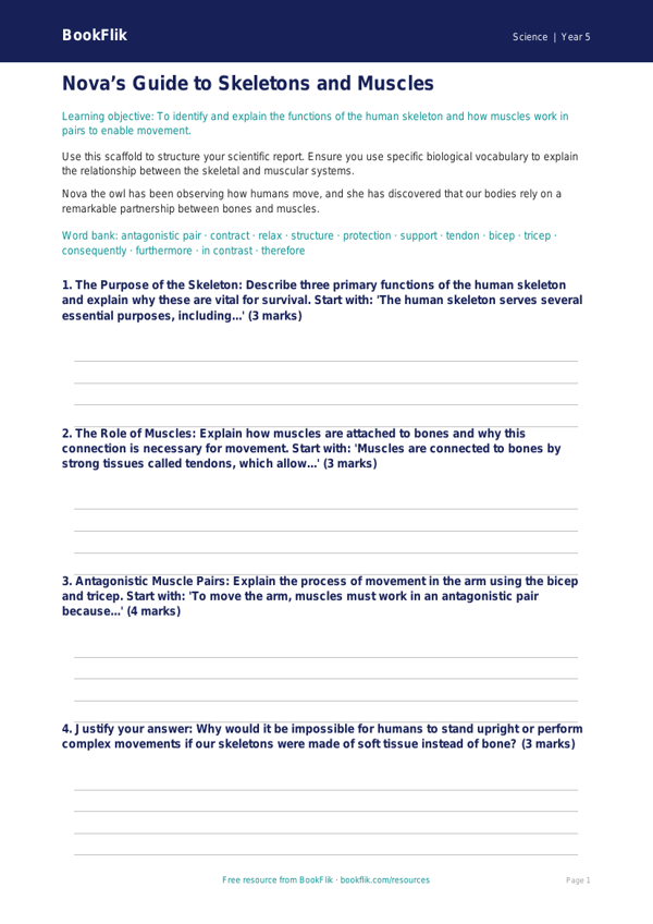 Free Skeleton And Muscles Writing Frame | Year 5 Greater Depth | BookFlik worksheet preview — Science Skeleton And Muscles