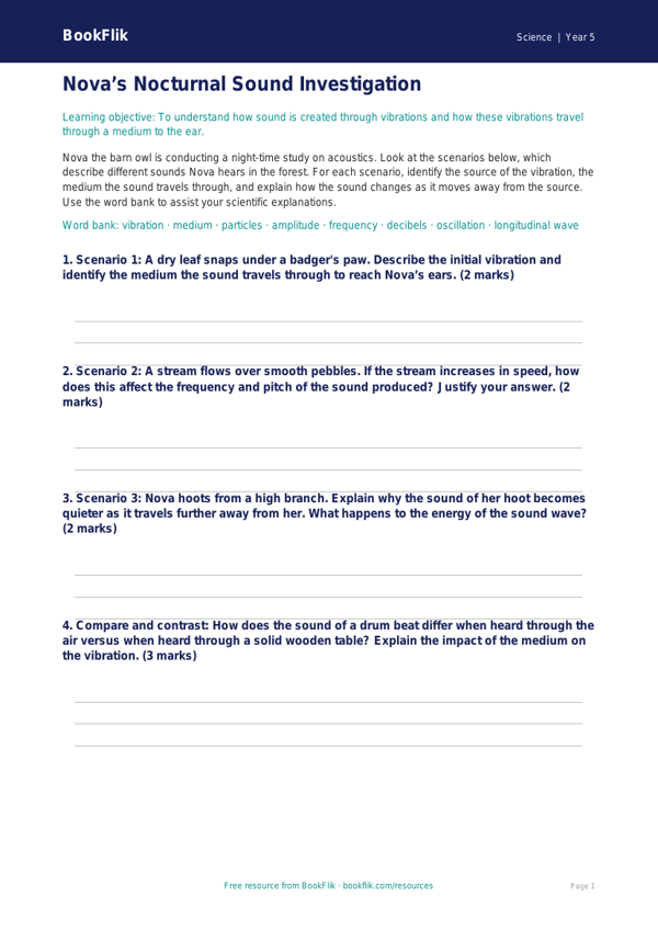 Free Sound Activity Sheet | Year 5 Greater Depth | BookFlik worksheet preview — Science Sound