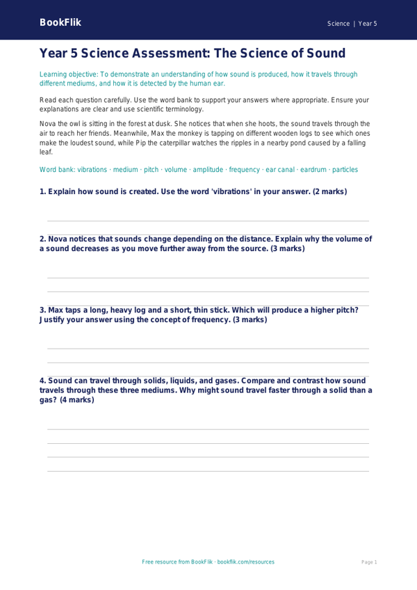 Free Sound Assessment | Year 5 Greater Depth | BookFlik worksheet preview — Science Sound
