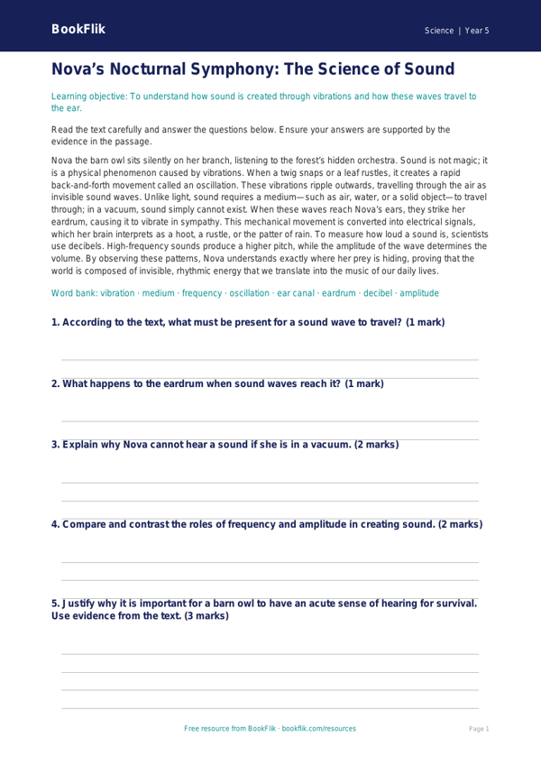 Free Sound Comprehension | Year 5 Greater Depth | BookFlik worksheet preview — Science Sound