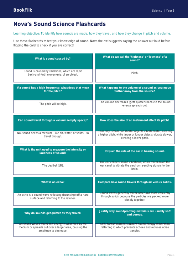 Free Sound Flashcards | Year 5 Greater Depth | BookFlik worksheet preview — Science Sound