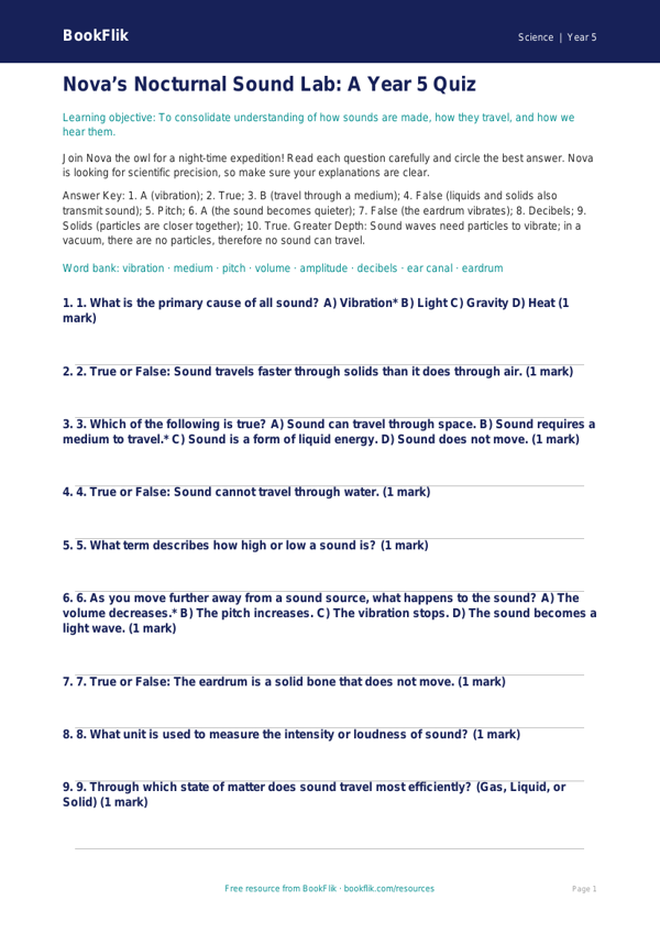 Free Sound Quiz | Year 5 Greater Depth | BookFlik worksheet preview — Science Sound