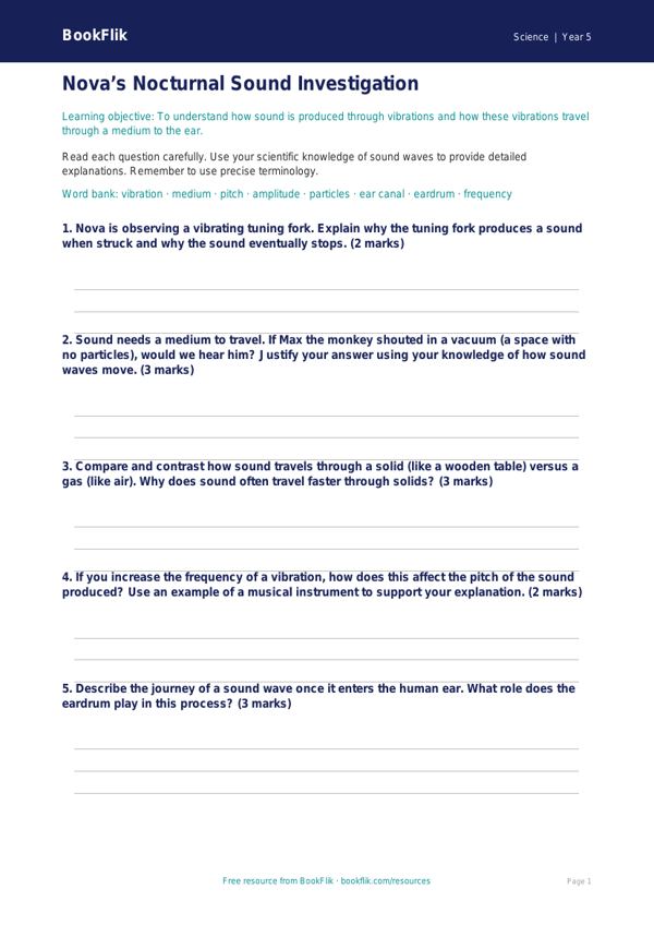 Free Sound Worksheet | Year 5 Greater Depth | BookFlik worksheet preview — Science Sound