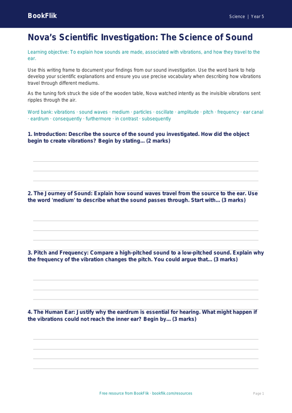 Free Sound Writing Frame | Year 5 Greater Depth | BookFlik worksheet preview — Science Sound