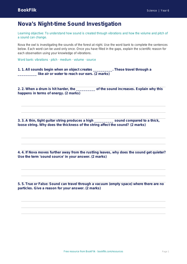 Free Sound Activity Sheet | Year 6 Core | BookFlik worksheet preview — Science Sound