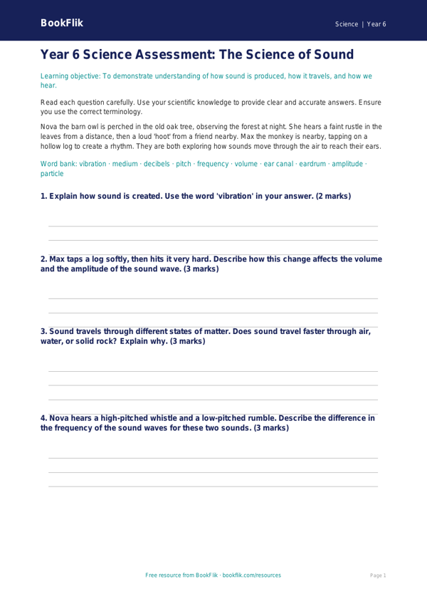 Free Sound Assessment | Year 6 Core | BookFlik worksheet preview — Science Sound