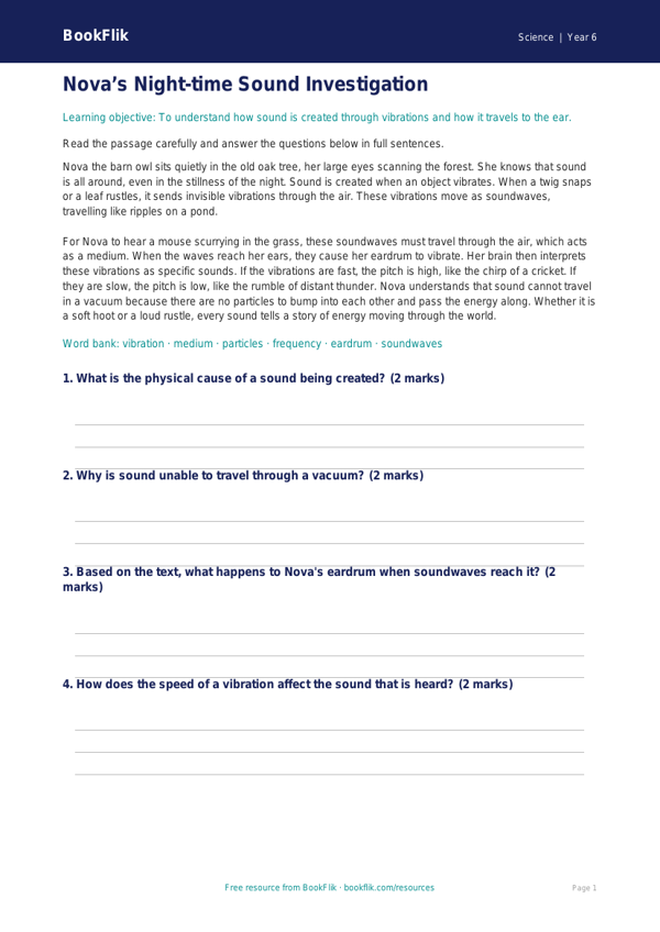 Free Sound Comprehension Worksheet | Year 6 Science | BookFlik worksheet preview — Science Sound