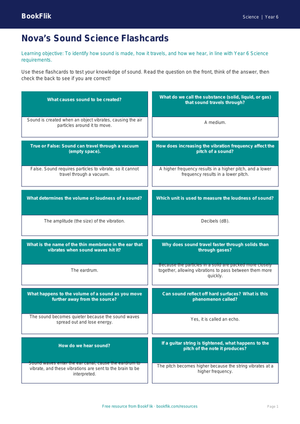 Free Sound Flashcards | Year 6 Core | BookFlik worksheet preview — Science Sound