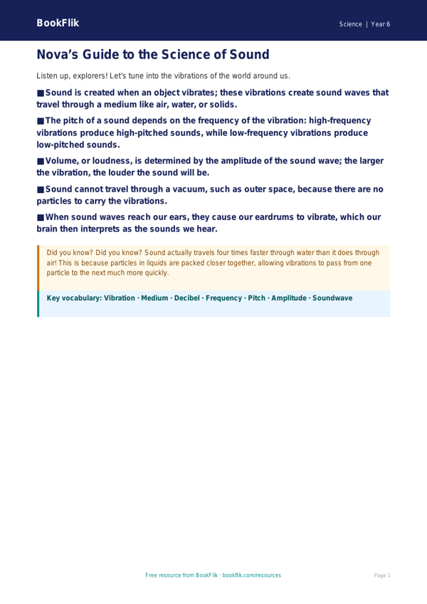 Free Sound Poster | Year 6 Core | BookFlik worksheet preview — Science Sound