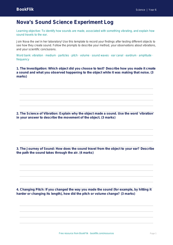 Free Sound Template | Year 6 Core | BookFlik worksheet preview — Science Sound
