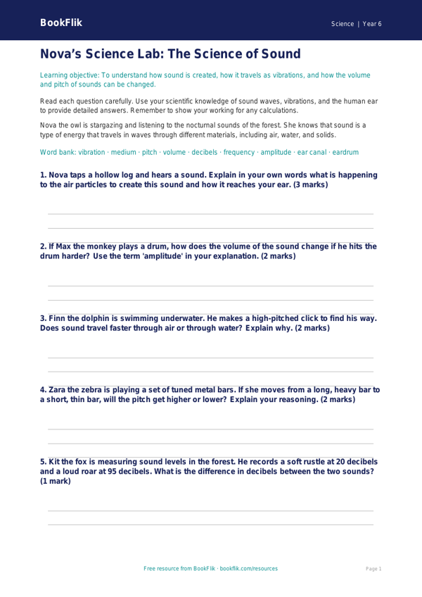 Free Sound Worksheet | Year 6 Core | BookFlik worksheet preview — Science Sound