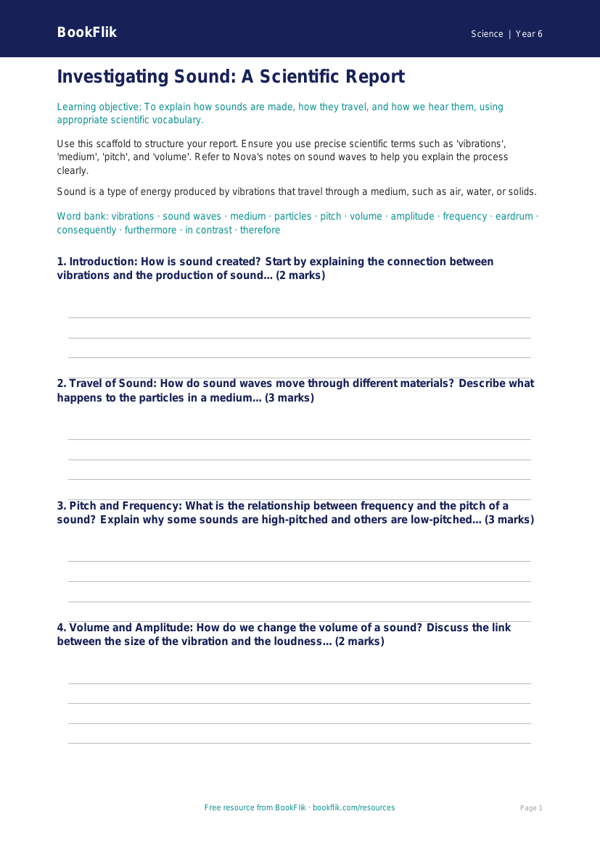 Free Sound Writing Frame | Year 6 Core | BookFlik worksheet preview — Science Sound