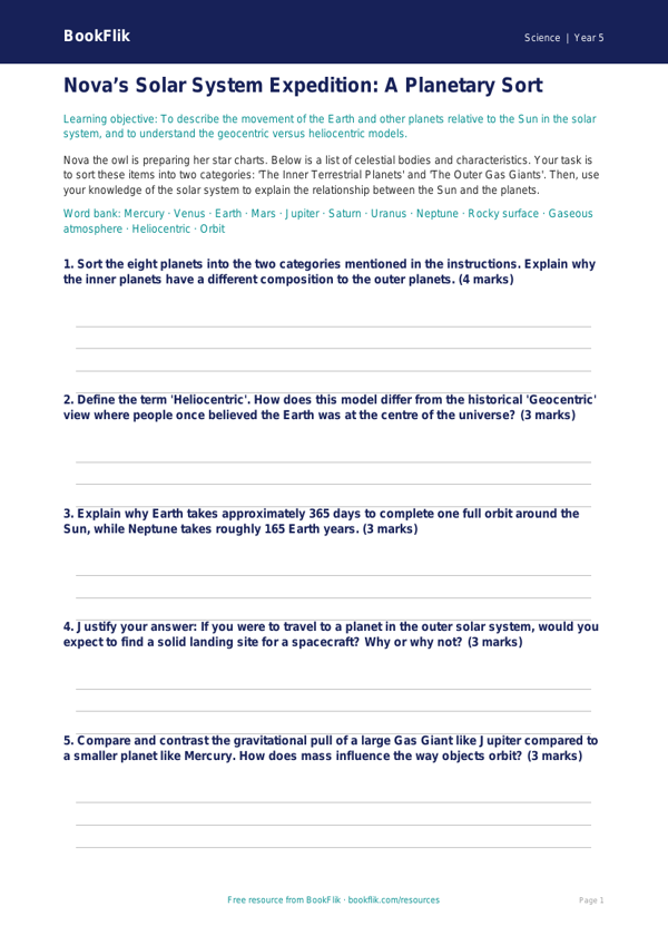 Free Space Activity Sheet | Year 5 Greater Depth | BookFlik worksheet preview — Science Space
