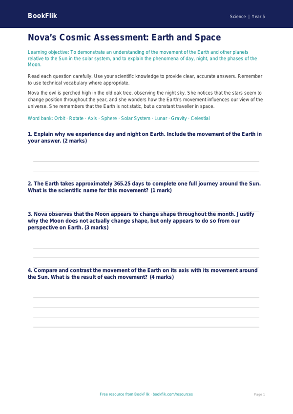 Free Space Assessment | Year 5 Greater Depth | BookFlik worksheet preview — Science Space