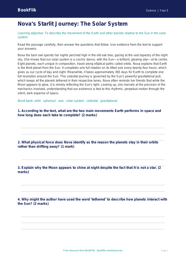 Free Space Comprehension | Year 5 Greater Depth | BookFlik worksheet preview — Science Space