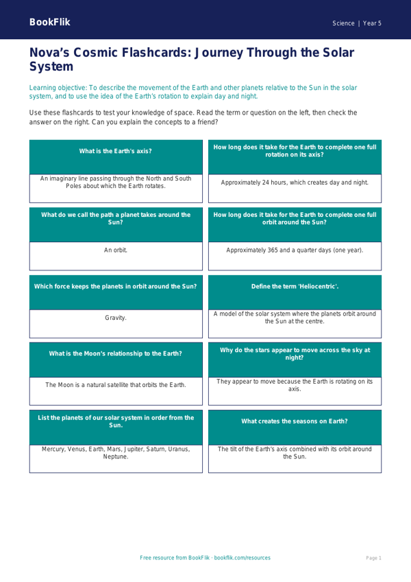 Free Space Flashcards | Year 5 Greater Depth | BookFlik worksheet preview — Science Space