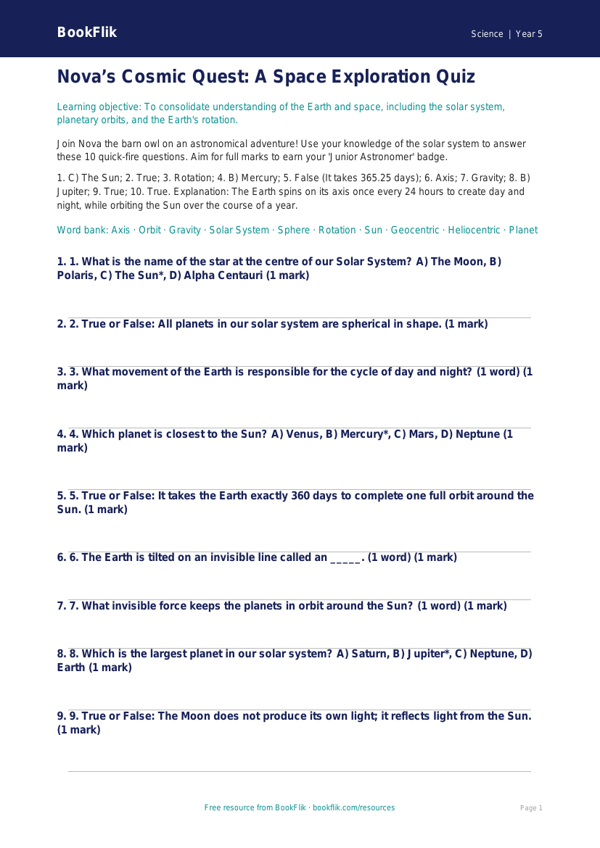 Free Space Quiz | Year 5 Greater Depth | BookFlik worksheet preview — Science Space