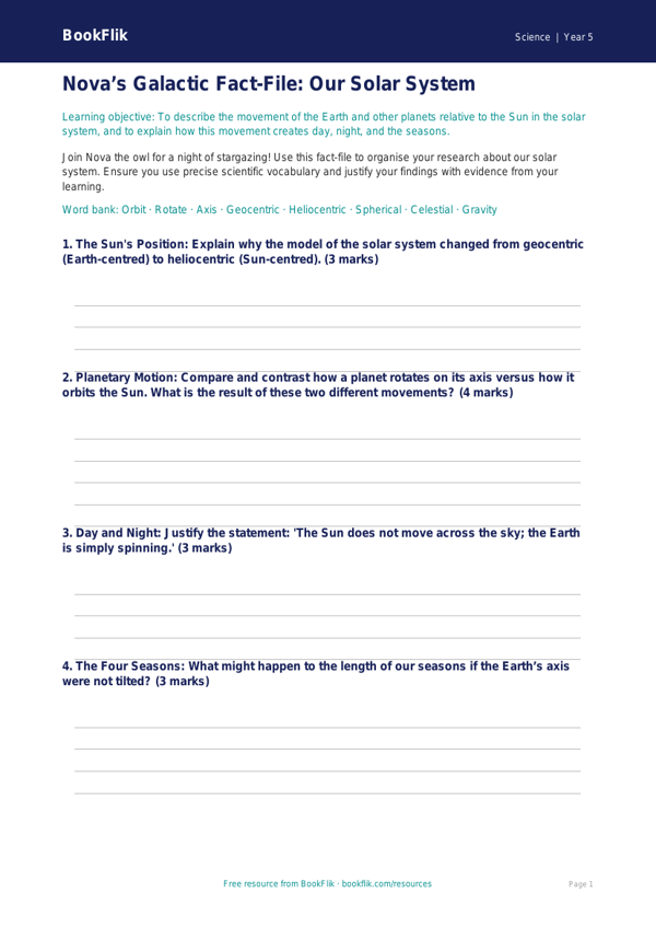 Free Space Template | Year 5 Greater Depth | BookFlik worksheet preview — Science Space