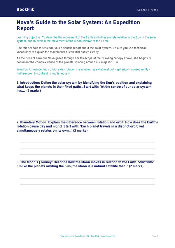 Free Space Writing Frame | Year 5 Greater Depth | BookFlik worksheet preview — Science Space