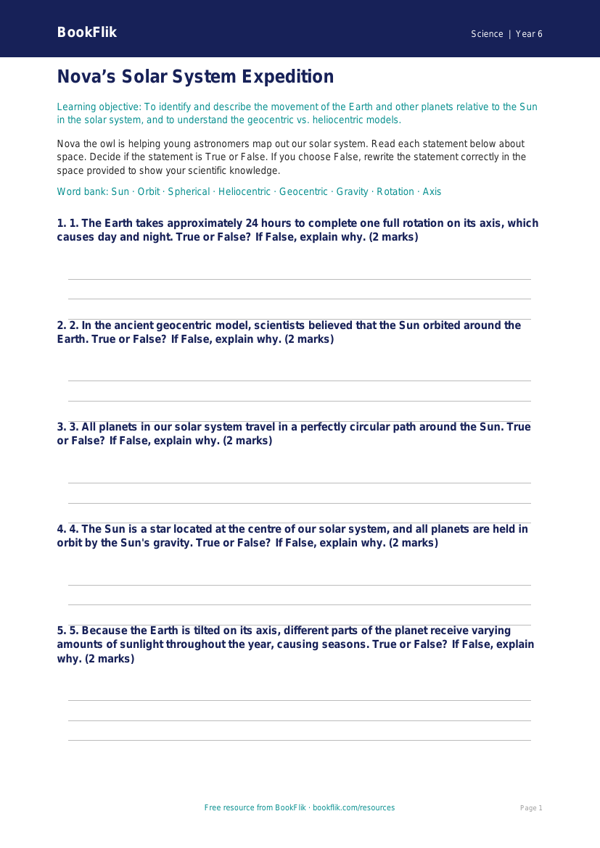Free Space Activity Sheet | Year 6 Core | BookFlik worksheet preview — Science Space