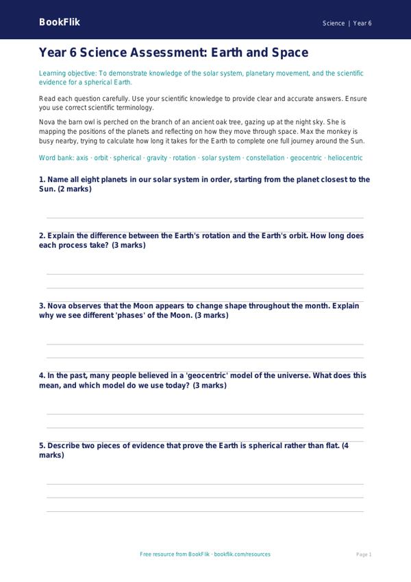 Free Space Assessment | Year 6 Core | BookFlik worksheet preview — Science Space