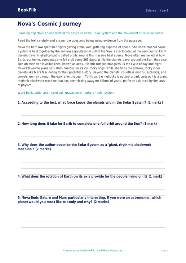 Free Space Comprehension Worksheet | Year 6 Core | BookFlik worksheet preview — Science Space