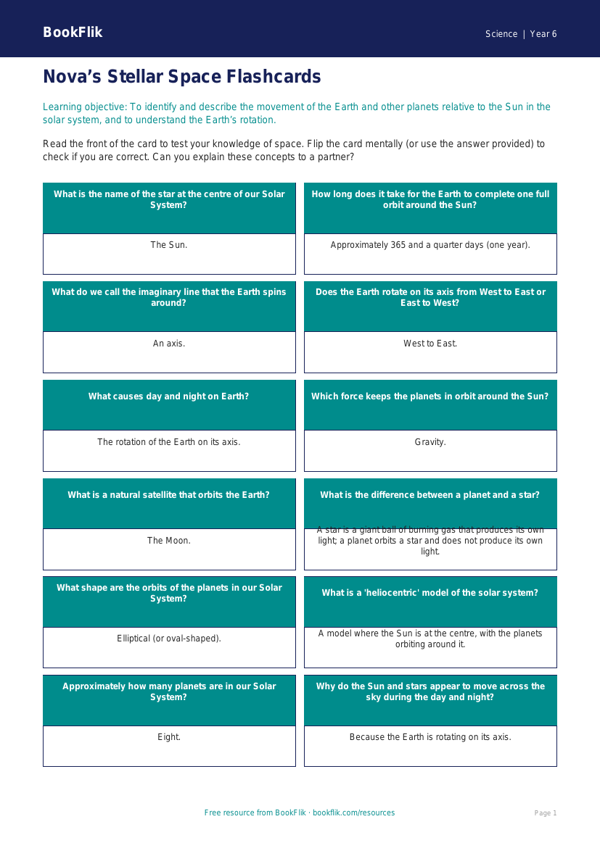 Free Space Flashcards | Year 6 Core | BookFlik worksheet preview — Science Space