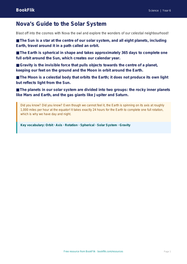 Free Space Poster | Year 6 Core | BookFlik worksheet preview — Science Space