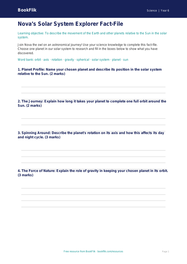 Free Space Worksheet for Year 6 | Science Lesson Plan | BookFlik worksheet preview — Science Space