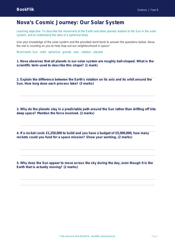Free Space Worksheet | Year 6 Core | BookFlik worksheet preview — Science Space
